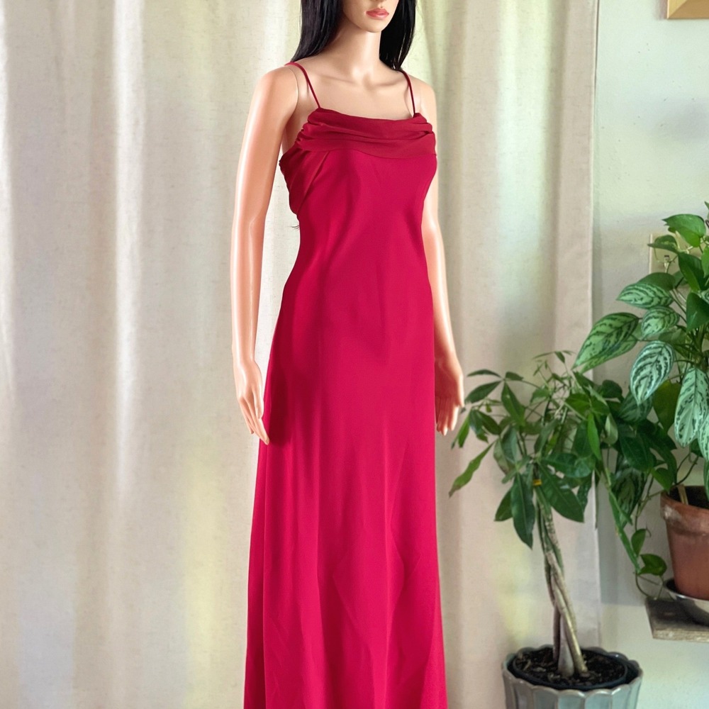 Vtg 90s Y2K Fiesta Red Cowl Neck Maxi Dress Draped Back Formal Gown Prom USA M